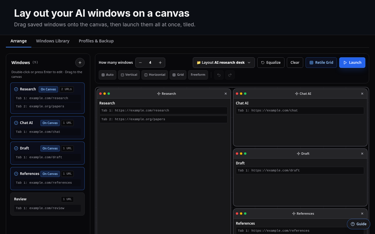 The Arrange tab: saved windows in a sidebar, four of them placed on the layout canvas, with Retile Grid and Launch buttons.