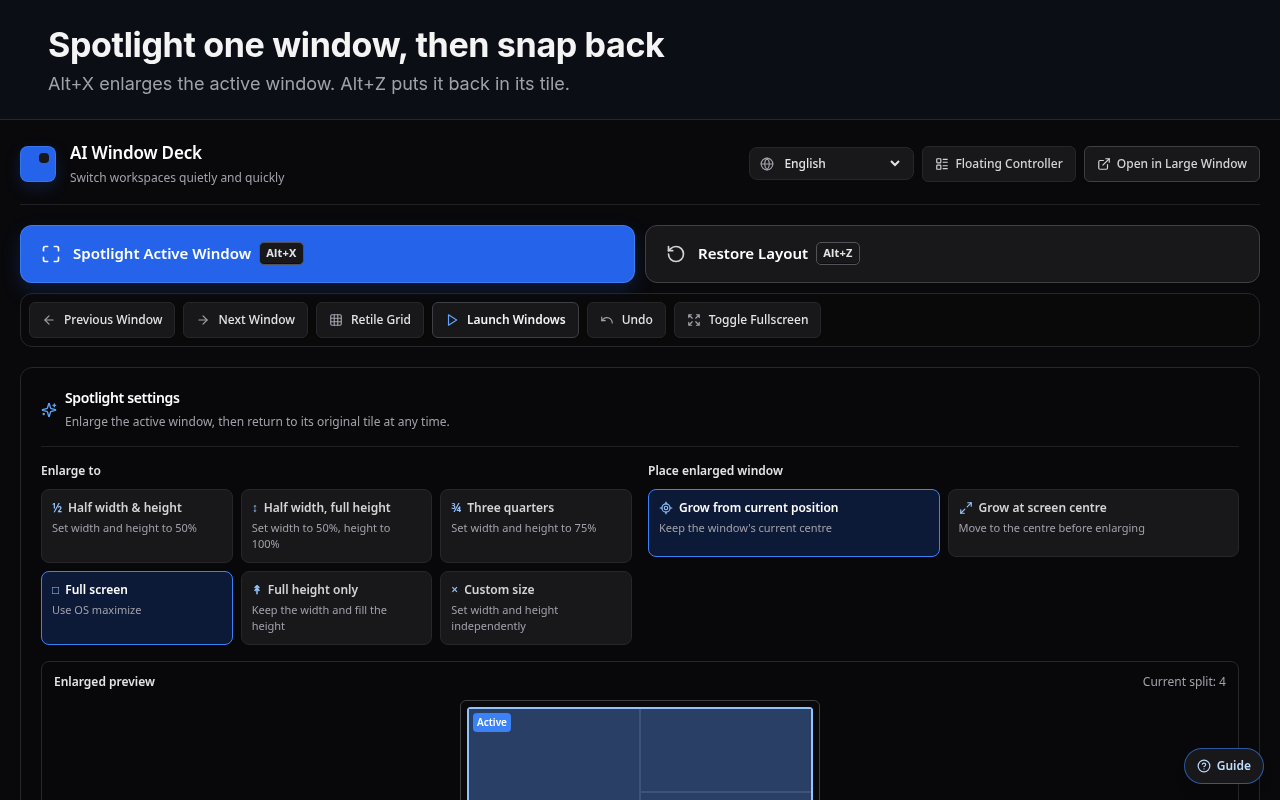 Spotlight settings: enlarge the active window to half, three quarters, full height, full screen or a custom size.