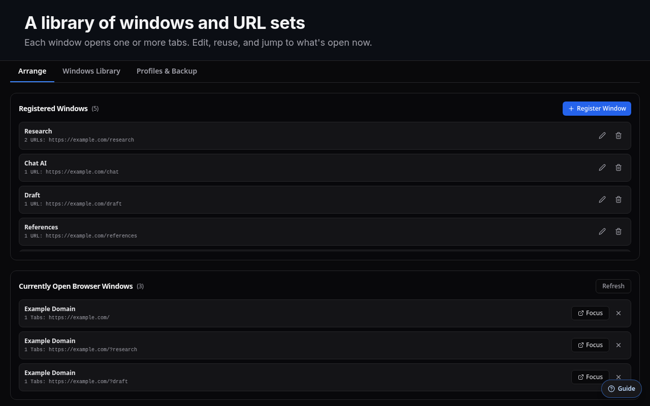 The Windows Library tab, listing saved windows with their URLs.