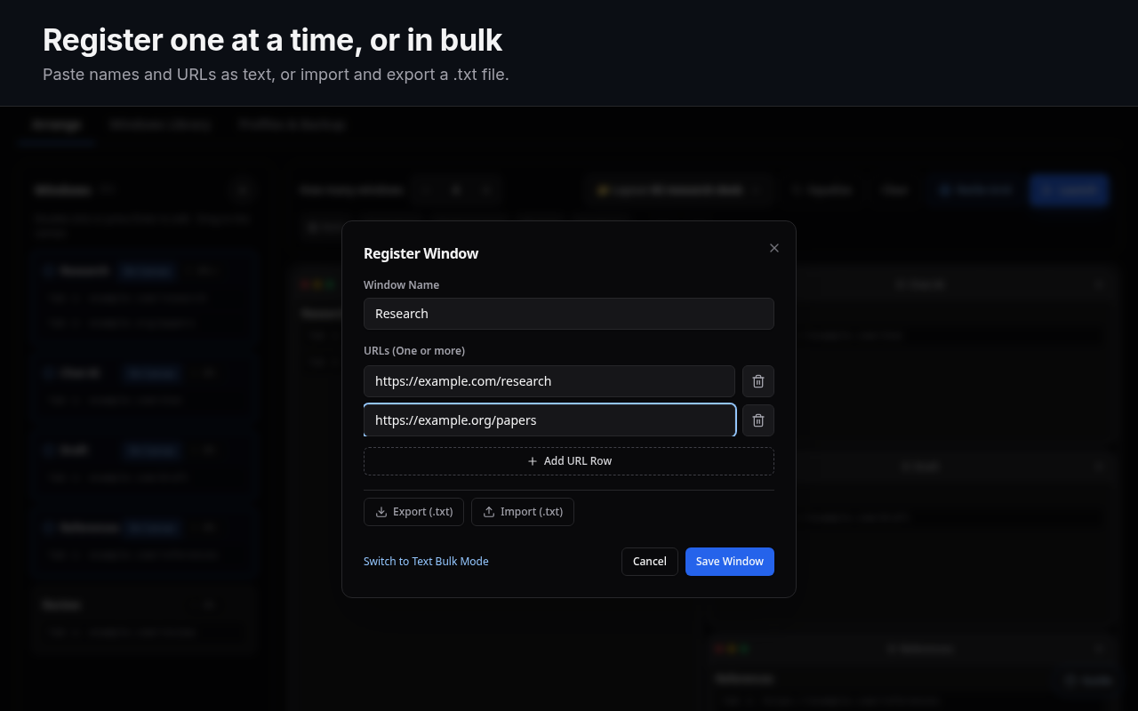 The register dialog: a window name and a list of URLs that open as tabs.