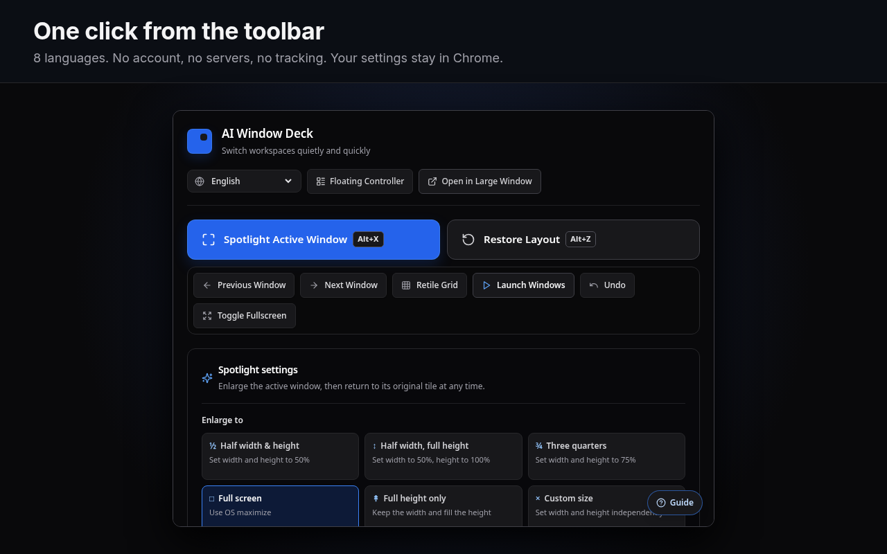 The toolbar popup: Spotlight and Restore Layout buttons, navigation buttons, and spotlight size settings.